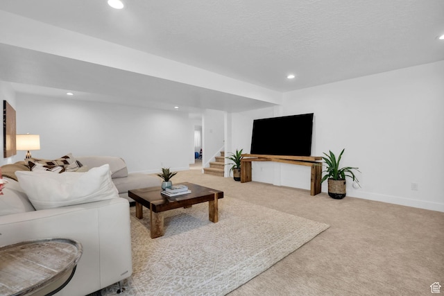 1441 N Jerry Gertsch Ln, Midway, UT 84049 - living room featuring recessed lighting, carpet flooring, stairway, and baseboards