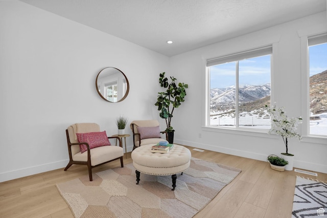 1441 N Jerry Gertsch Ln, Midway, UT 84049 - living area with healthy amount of natural light, light wood-type flooring, a mountain view, baseboards, and recessed lighting