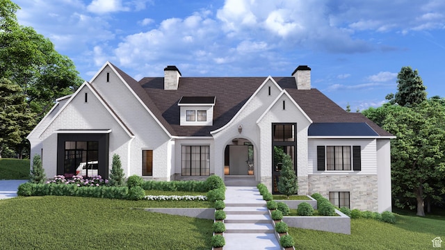 view of front of property with a chimney, a front yard, stone siding, and a shingled roof