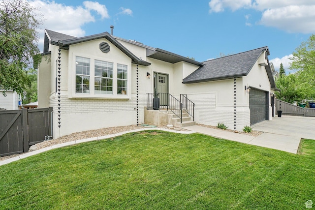 single story home featuring a garage, brick siding, concrete driveway, roof with shingles, and stucco siding