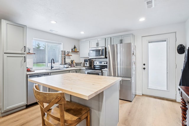 kitchen with appliances with stainless steel finishes, a sink, butcher block counters, open shelves, and a breakfast bar