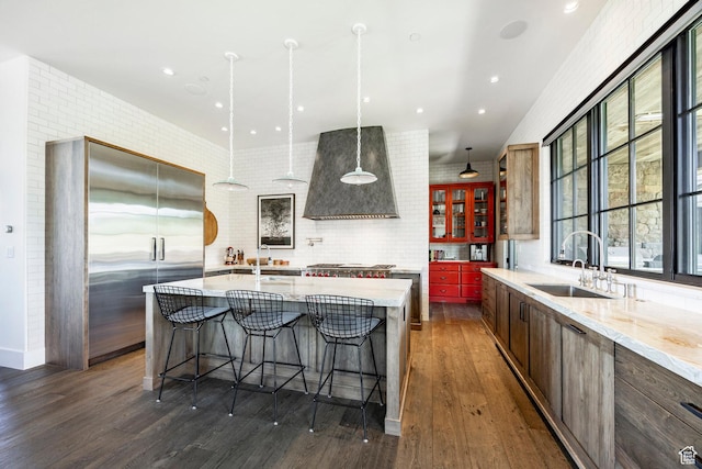 kitchen featuring a sink, premium range hood, stainless steel appliances, dark wood-type flooring, and a kitchen breakfast bar