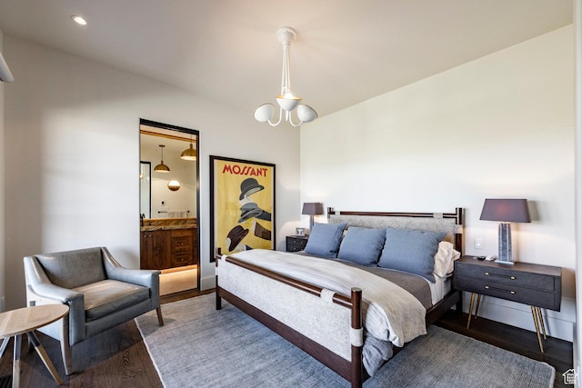 bedroom featuring wood finished floors, baseboards, vaulted ceiling, and recessed lighting