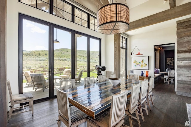 dining space featuring a high ceiling, dark wood-type flooring, and a mountain view