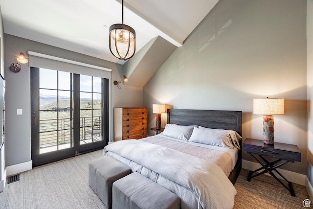 bedroom featuring carpet floors, access to outside, vaulted ceiling, and baseboards