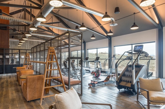 workout area featuring high vaulted ceiling and wood-type flooring