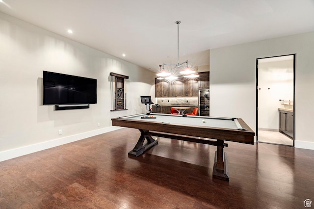 recreation room with wood finished floors, recessed lighting, baseboards, and billiards table