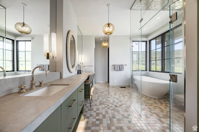 bathroom with vanity, healthy amount of natural light, a freestanding bath, and baseboards
