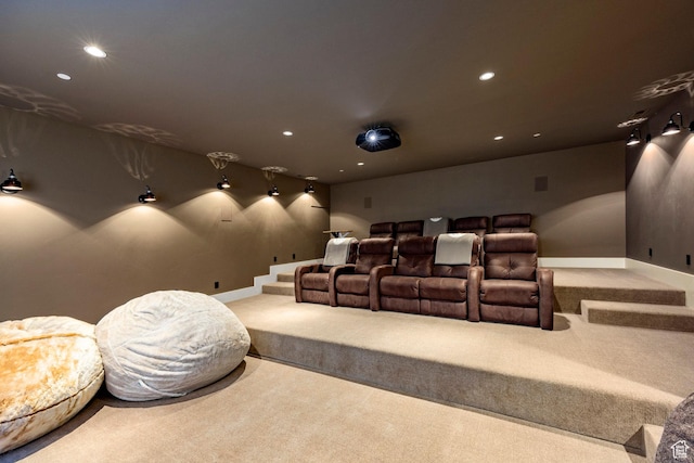 cinema room with carpet, recessed lighting, and baseboards