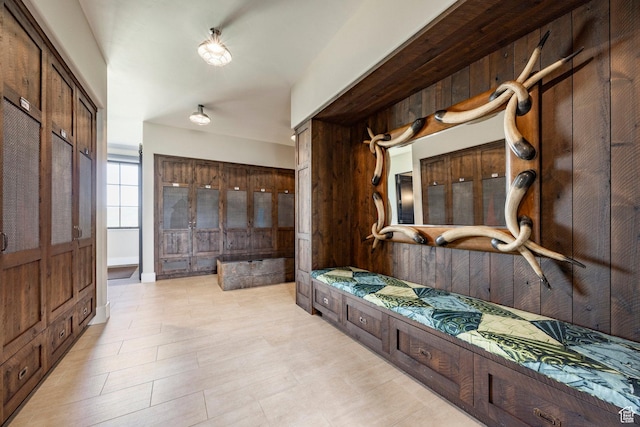 bathroom featuring wood walls