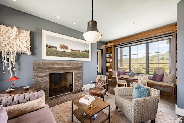living area featuring wood finished floors, a high end fireplace, and recessed lighting