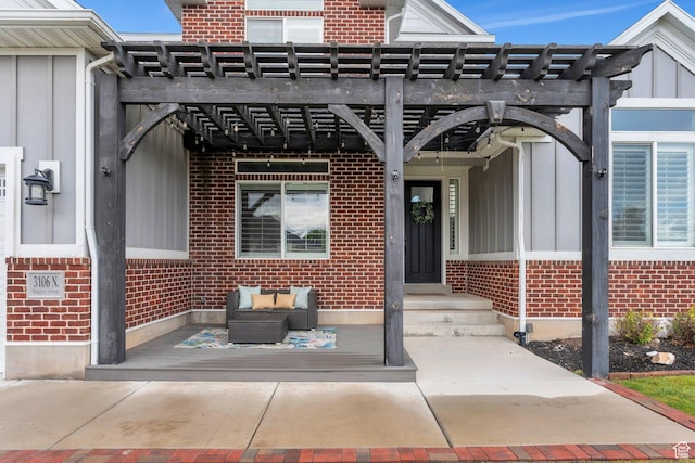 3106 N Eagle Way, Lehi, UT 84043 - property entrance with brick siding, a pergola, and board and batten siding