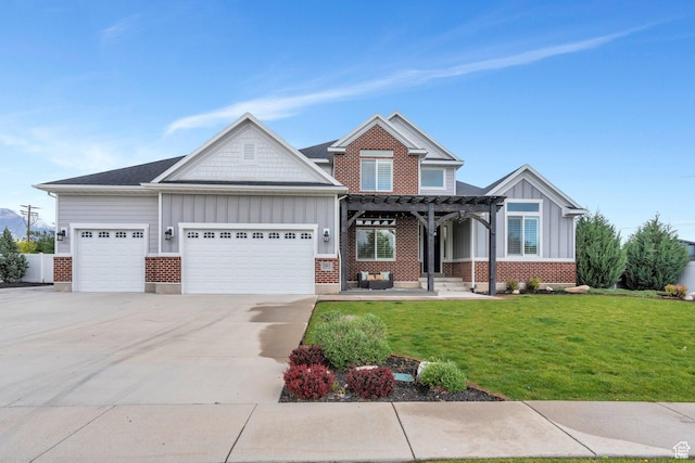 craftsman inspired home featuring a pergola, a garage, board and batten siding, a front lawn, and concrete driveway