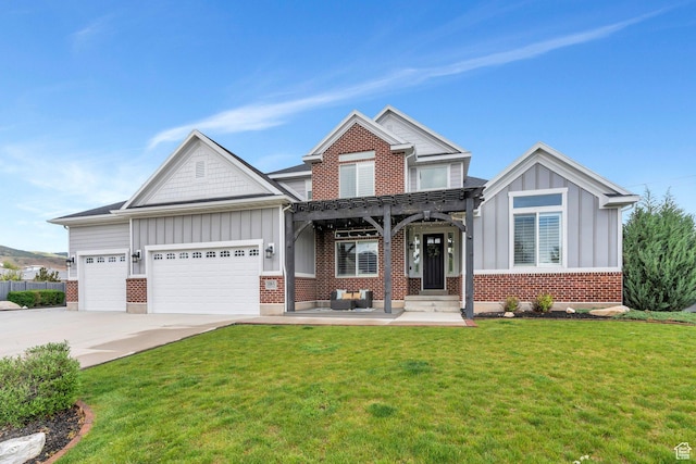 craftsman inspired home with board and batten siding, a garage, a front yard, and a pergola