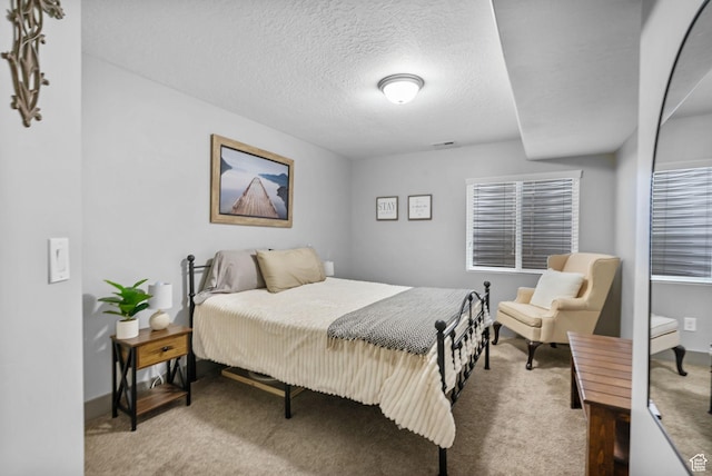 bedroom featuring carpet flooring, baseboards, and a textured ceiling
