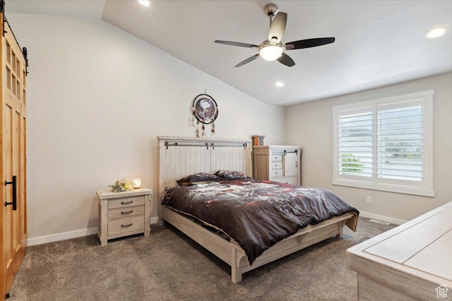 1254 N 150 E, Harrisville, UT 84404 - carpeted bedroom featuring vaulted ceiling, a barn door, baseboards, recessed lighting, and ceiling fan
