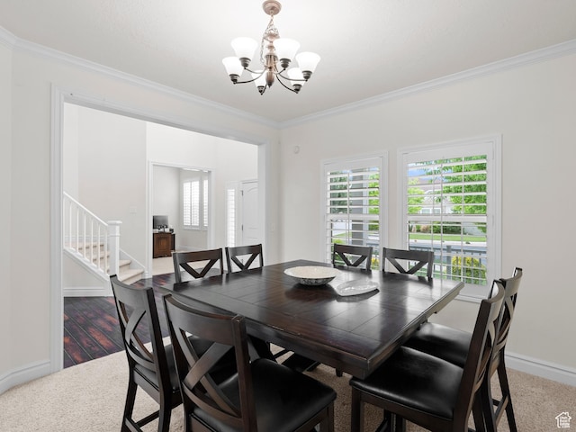 3388 W Rocky Peak Way S, Jordan, UT 84095 - dining space featuring a chandelier, ornamental molding, stairs, baseboards, and carpet