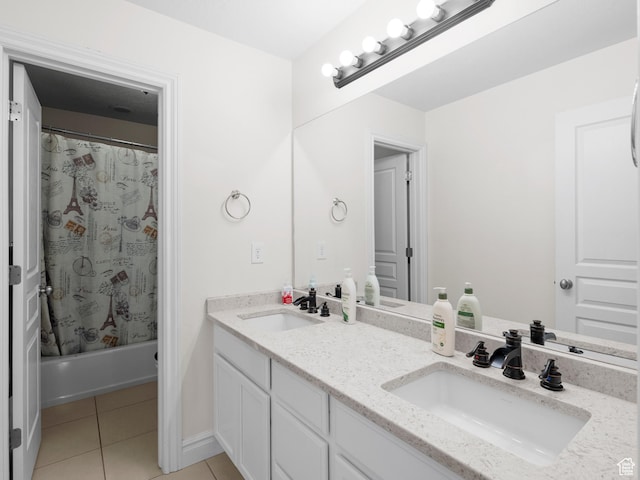 3388 W Rocky Peak Way S, Jordan, UT 84095 - full bathroom featuring tile patterned floors, double vanity, and shower / bath combination with curtain