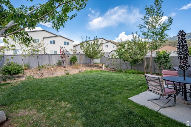view of yard featuring a patio area and outdoor dining area
