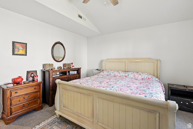 bedroom with carpet, lofted ceiling, and a ceiling fan