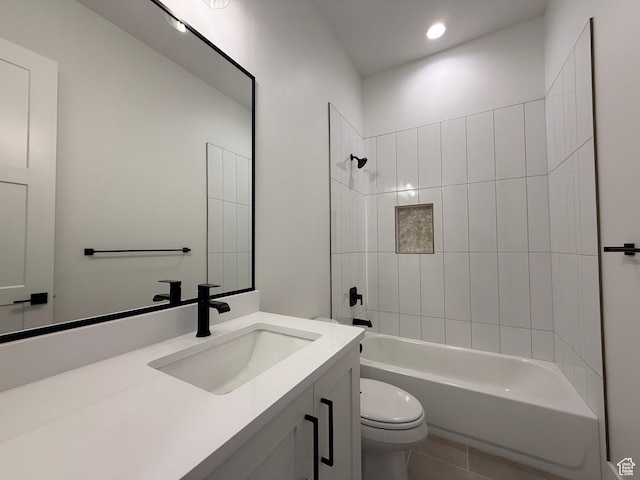 full bathroom with toilet, vanity, shower / bath combination, tile patterned flooring, and recessed lighting