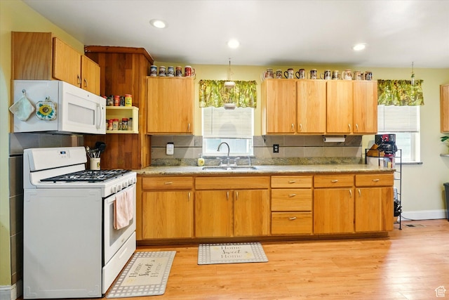 3426 S 500 E, South Salt Lake, UT 84106 - kitchen with white appliances, a sink, light wood-style flooring, backsplash, and open shelves