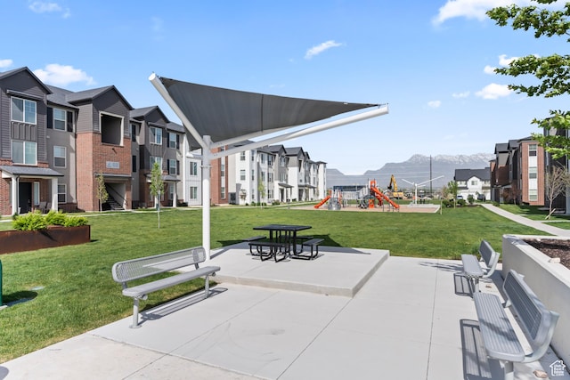 view of patio featuring a mountain view