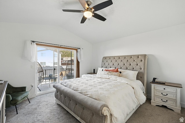 bedroom with carpet floors, access to exterior, vaulted ceiling, and ceiling fan