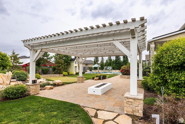 1309 W Atrium Ct W, Farmington, UT 84025 - view of patio / terrace with a pergola, a swimming pool, and an outdoor fire pit