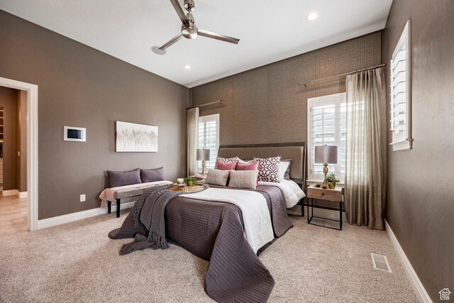 1309 W Atrium Ct W, Farmington, UT 84025 - bedroom featuring light carpet, baseboards, ceiling fan, and recessed lighting