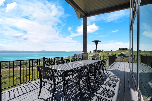 68 Hawksbeard Cir, Fish Haven, ID 83287 - wooden deck with a water view and outdoor dining area