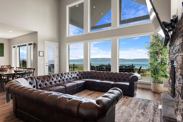 68 Hawksbeard Cir, Fish Haven, ID 83287 - living area featuring a high ceiling, a water view, wood finished floors, and healthy amount of natural light