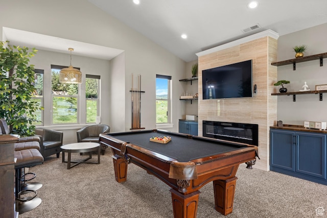 68 Hawksbeard Cir, Fish Haven, ID 83287 - game room with carpet flooring, vaulted ceiling, recessed lighting, a fireplace, and billiards table