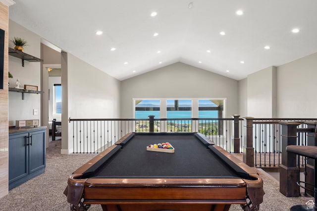 68 Hawksbeard Cir, Fish Haven, ID 83287 - playroom featuring carpet, high vaulted ceiling, recessed lighting, and billiards table
