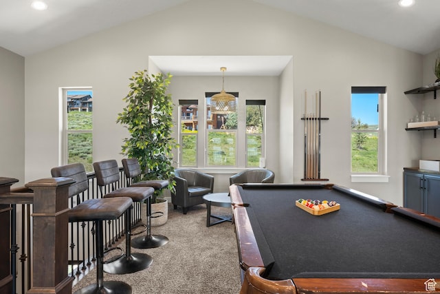 68 Hawksbeard Cir, Fish Haven, ID 83287 - rec room with vaulted ceiling, recessed lighting, and billiards table