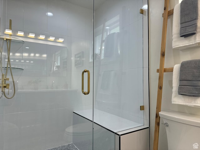 bathroom featuring toilet and a shower stall