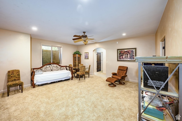 373 W Meridian Dr, Ivins, UT 84738 - bedroom with arched walkways, carpet flooring, baseboards, recessed lighting, and a ceiling fan