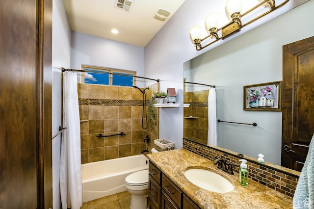373 W Meridian Dr, Ivins, UT 84738 - bathroom featuring tile patterned flooring, toilet, vanity, shower / bath combination with curtain, and decorative backsplash