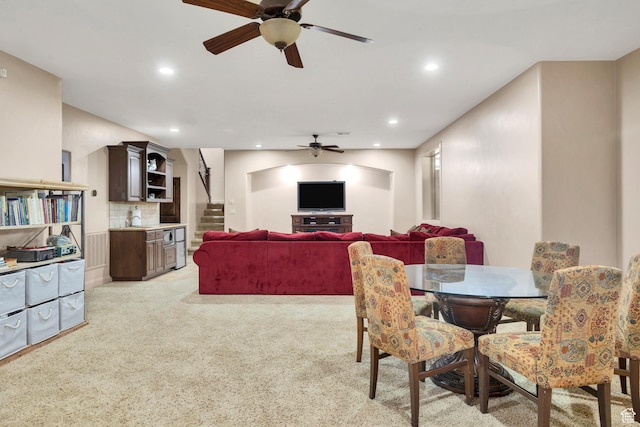 373 W Meridian Dr, Ivins, UT 84738 - dining space featuring a ceiling fan, stairs, recessed lighting, and light colored carpet