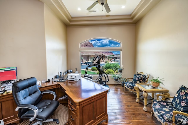 373 W Meridian Dr, Ivins, UT 84738 - home office with dark wood-style floors, a tray ceiling, ceiling fan, and a high ceiling