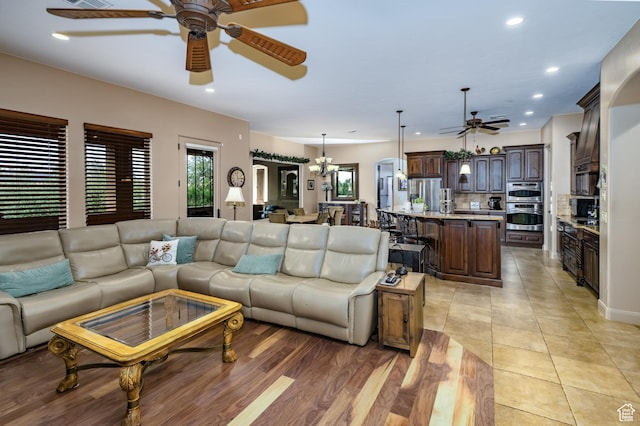 373 W Meridian Dr, Ivins, UT 84738 - living area featuring a ceiling fan, recessed lighting, and light tile patterned floors