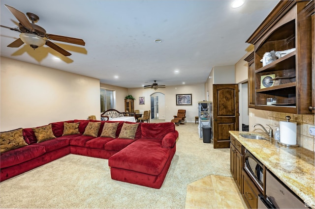 373 W Meridian Dr, Ivins, UT 84738 - living room featuring ceiling fan, light carpet, and recessed lighting