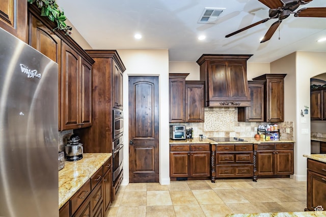 373 W Meridian Dr, Ivins, UT 84738 - kitchen with stainless steel appliances, a ceiling fan, custom range hood, backsplash, and light stone countertops