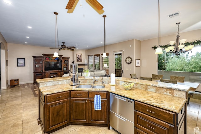 373 W Meridian Dr, Ivins, UT 84738 - kitchen featuring a ceiling fan, a sink, stainless steel dishwasher, open floor plan, and light tile patterned floors