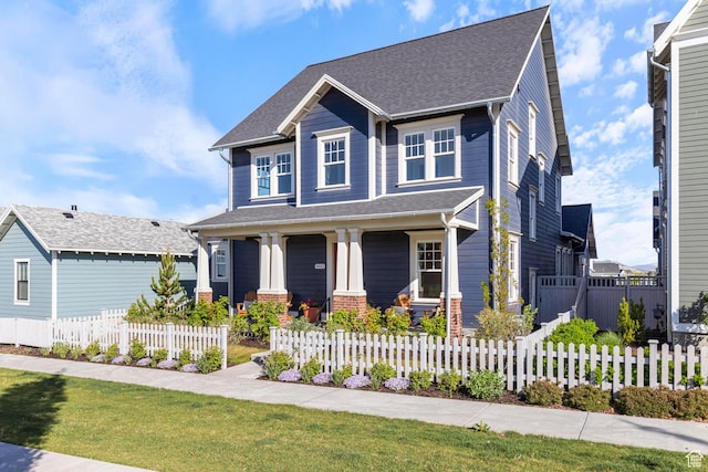 craftsman inspired home featuring a porch, a fenced front yard, and roof with shingles