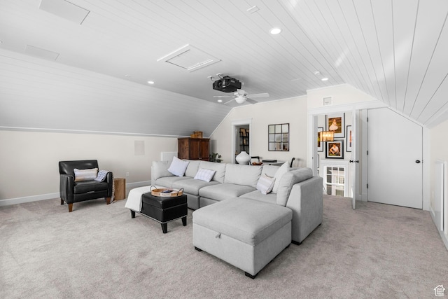 living area with lofted ceiling, attic access, light carpet, recessed lighting, and wood ceiling