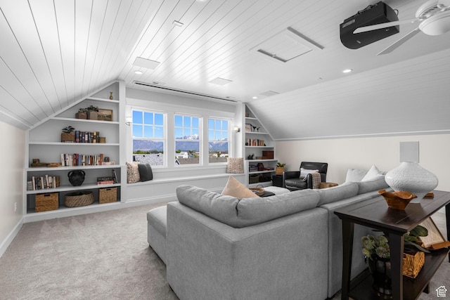 carpeted living room with lofted ceiling, built in features, wooden ceiling, and baseboards