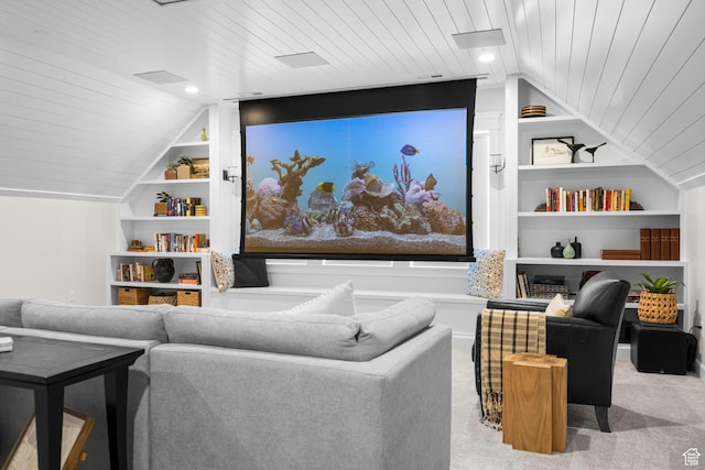 carpeted living room featuring built in shelves, wood ceiling, and vaulted ceiling