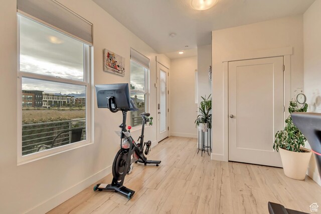 11233 S Clear Blue Dr Unit 402, South Jordan, UT 84009 - workout room with wood finished floors, baseboards, and recessed lighting