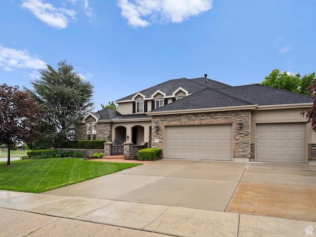 view of front of home with stone siding, stucco siding, an attached garage, concrete driveway, and a front lawn